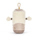 A JELLYCAT plush sheep bootie toy on a clean white background. The toy features a cream-colored fluffy fleece body, brown fabric arms with pom-pom ends, a beige lower body, and a tan hanging loop at the top.