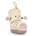 A plush baby boot toy with a cream sherpa upper, beige corduroy-textured lower section, and a tan loop at the top, shown on a white background.