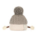 A gray cable-knit beanie hat with a large gray pom-pom on top, a cream ribbed brim, and small cream pom-poms on the sides, photographed on a white background.
