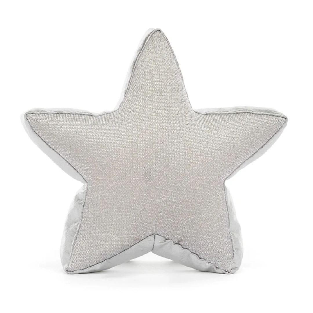 A five-pointed star-shaped decorative pillow in a textured silver fabric, shown against a plain white background.