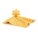 A plush baby blanket with a sun design, featuring a smiling face with embroidered eyes, presented in a yellow-golden color.