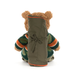 Stuffed bear wearing a green jacket with a striped sweater on a white background