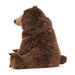 A plush brown bear stuffed animal sitting with its back to the camera, featuring a light tan snout and nose, photographed on a clean white background.