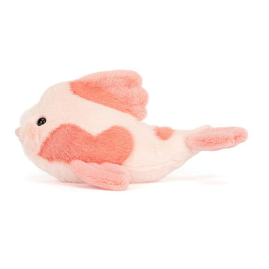stuffed pink fish plush with coral spots on a white background