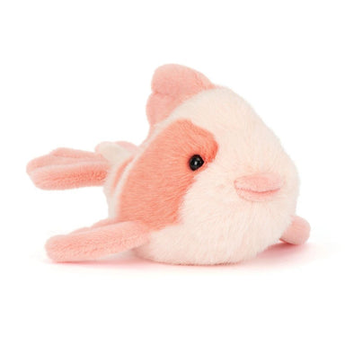 plush pink fish toy with spots on a white background