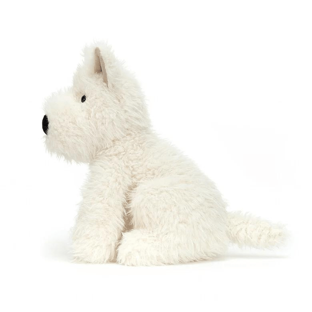 A plush toy resembling a white puppy on a white background