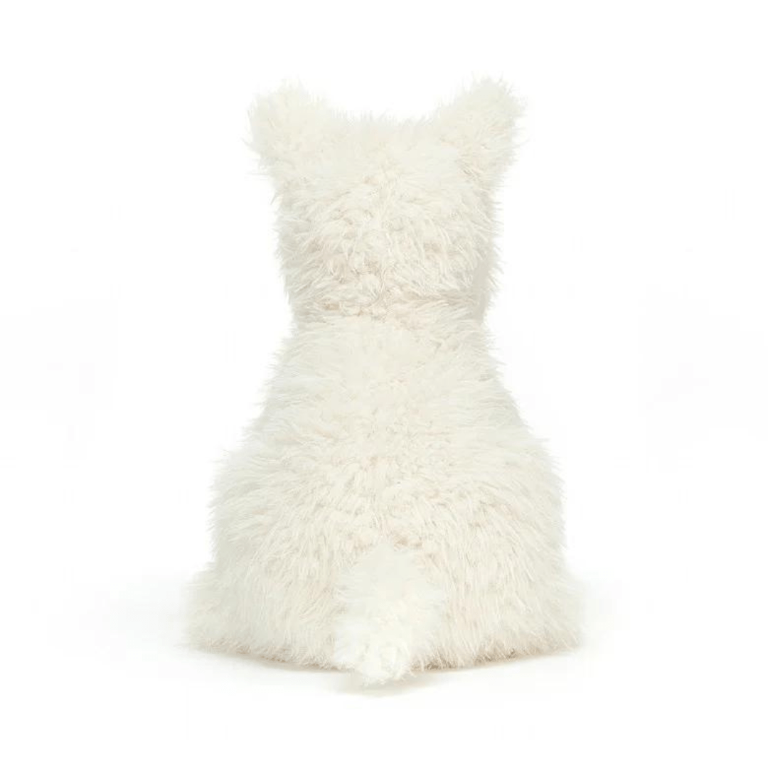 A plush toy resembling a white dog on a white background