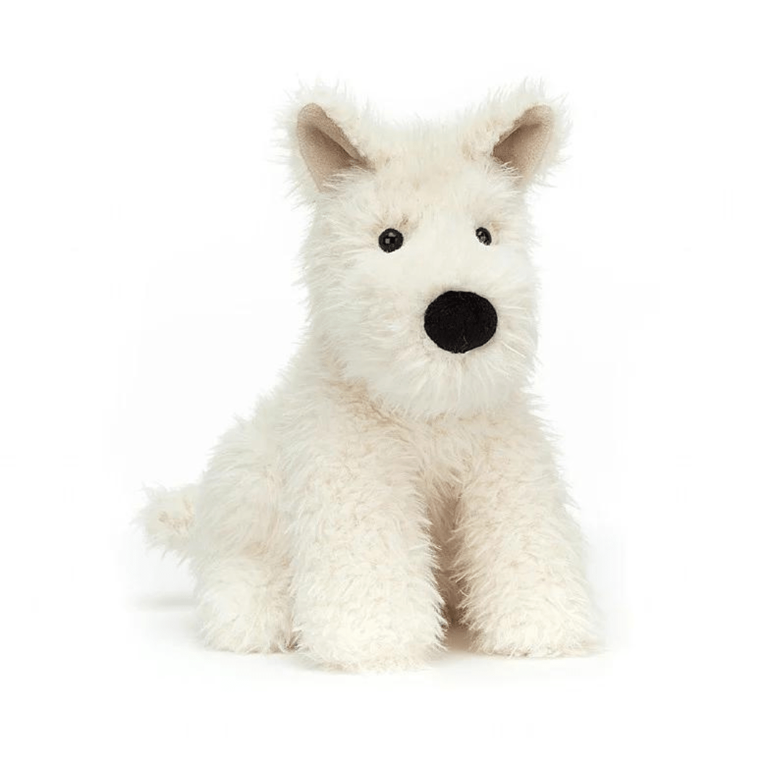 A plush toy resembling a white Scottie dog with a fluffy texture and a black nose.