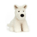 A plush toy resembling a white Scottie dog with a fluffy texture and a black nose.