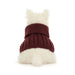 A small white dog viewed from behind wearing a burgundy cable-knit pet sweater with fluffy white faux fur trim on the top and bottom, set against a plain white background.