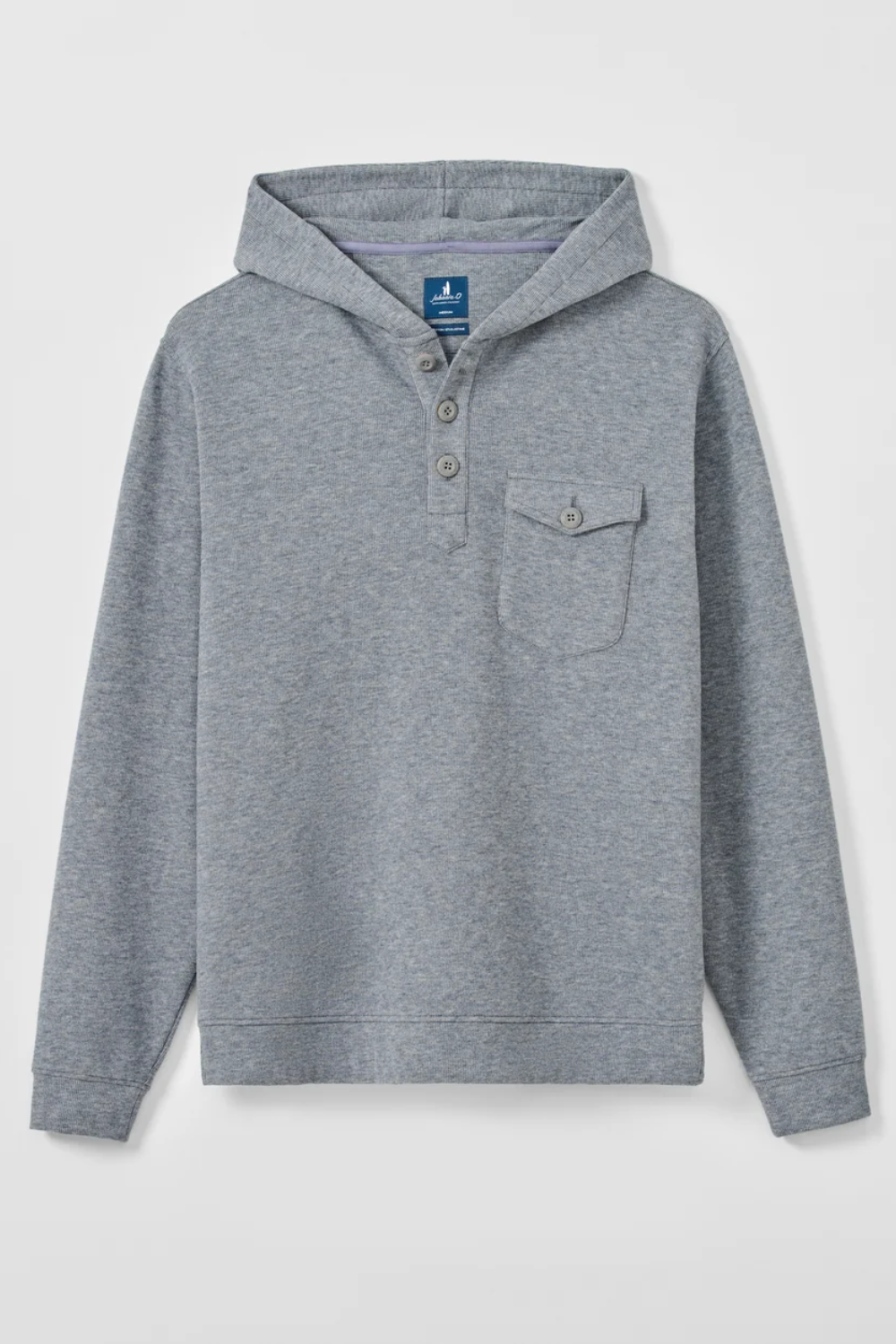 A heather gray hooded long-sleeve henley sweatshirt with a three-button placket and a chest pocket, shown flat against a light gray background.
