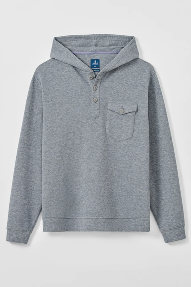 A heather gray hooded long-sleeve henley sweatshirt with a three-button placket and a chest pocket, shown flat against a light gray background.
