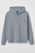 A heather gray hooded long-sleeve henley sweatshirt with a three-button placket and a chest pocket, shown flat against a light gray background.