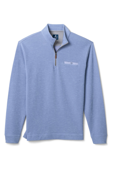 A light blue heathered long-sleeve quarter-zip pullover sweater with a stand collar and a small chest pocket, shown on a plain white background.