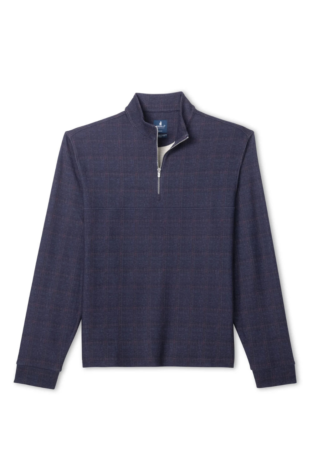 A dark navy blue quarter-zip pullover sweater with a subtle plaid pattern, featuring a stand collar and a silver zipper, shown against a plain white background.