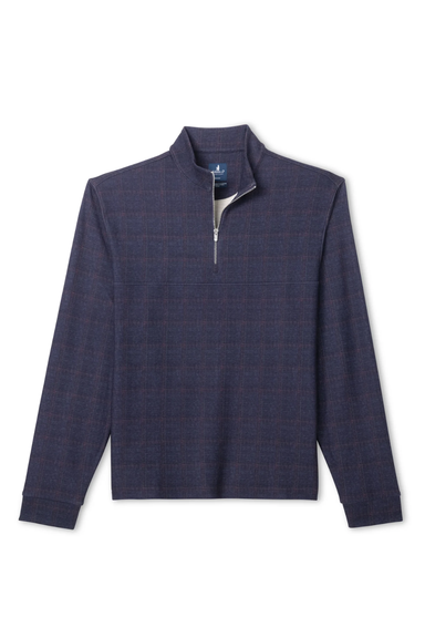 A dark navy blue quarter-zip pullover sweater with a subtle plaid pattern, featuring a stand collar and a silver zipper, shown against a plain white background.