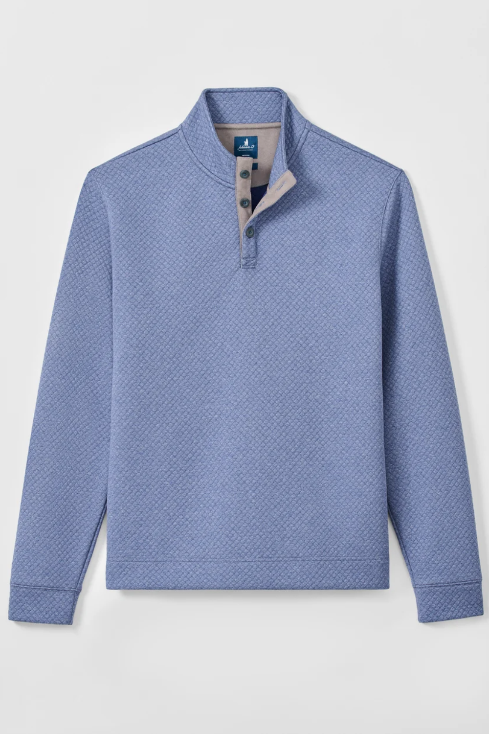 A men's long-sleeve quarter-placket pullover sweater in a textured periwinkle blue fabric, featuring a light gray inner placket and collar lining, displayed on a clean off-white background.