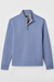 A men's long-sleeve quarter-placket pullover sweater in a textured periwinkle blue fabric, featuring a light gray inner placket and collar lining, displayed on a clean off-white background.