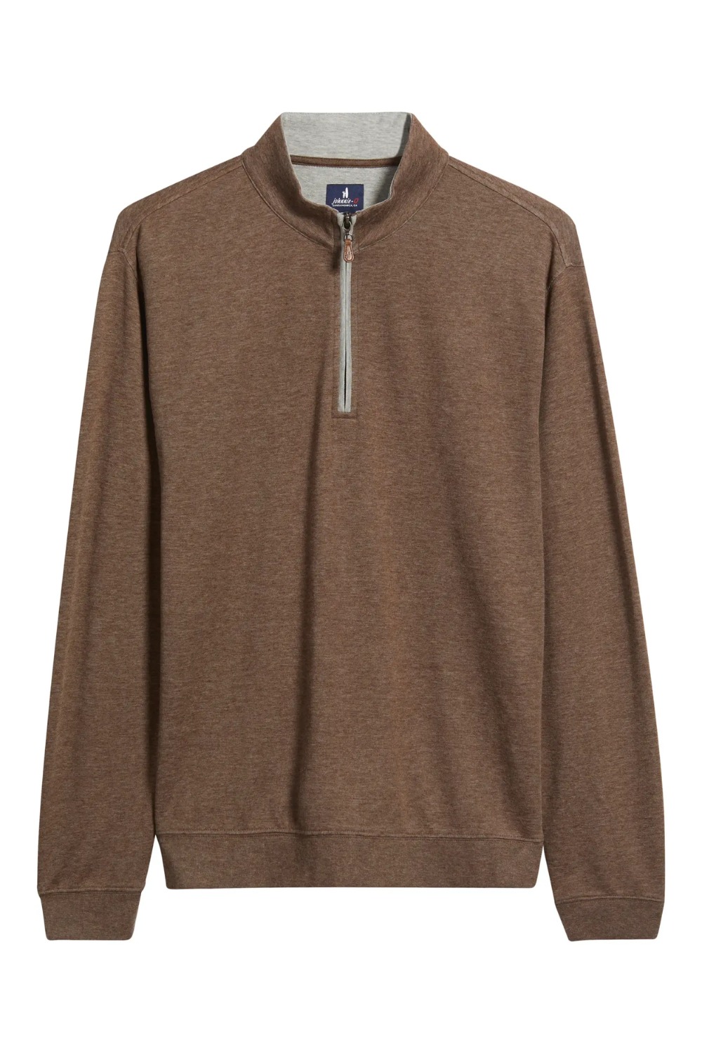 A brown long-sleeve quarter-zip pullover sweater with a mock neck collar, shown flat against a white background.