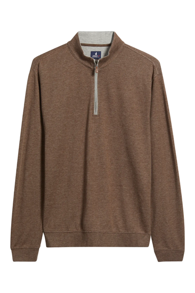 A brown long-sleeve quarter-zip pullover sweater with a mock neck collar, shown flat against a white background.