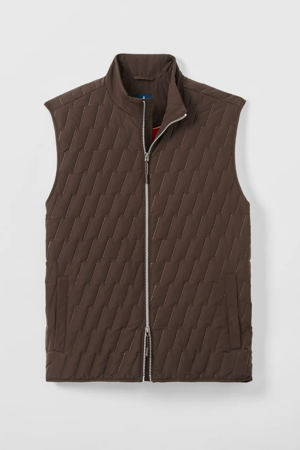 A dark brown quilted zip-up vest with a stand-up collar and silver zipper, shown flat against a light gray background.