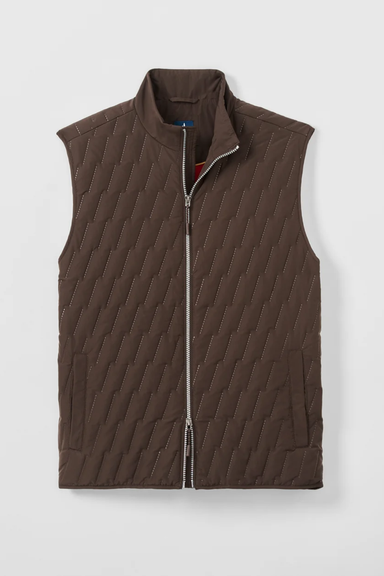 A dark brown quilted zip-up vest with a stand-up collar and silver zipper, shown flat against a light gray background.