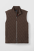 A dark brown quilted zip-up vest with a stand-up collar and silver zipper, shown flat against a light gray background.