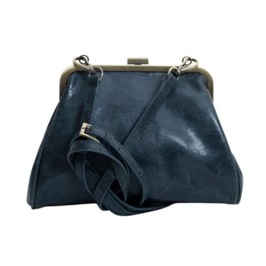 A dark navy blue faux leather handbag with a gold-tone metal frame and a matching shoulder strap, displayed on a clean white background.