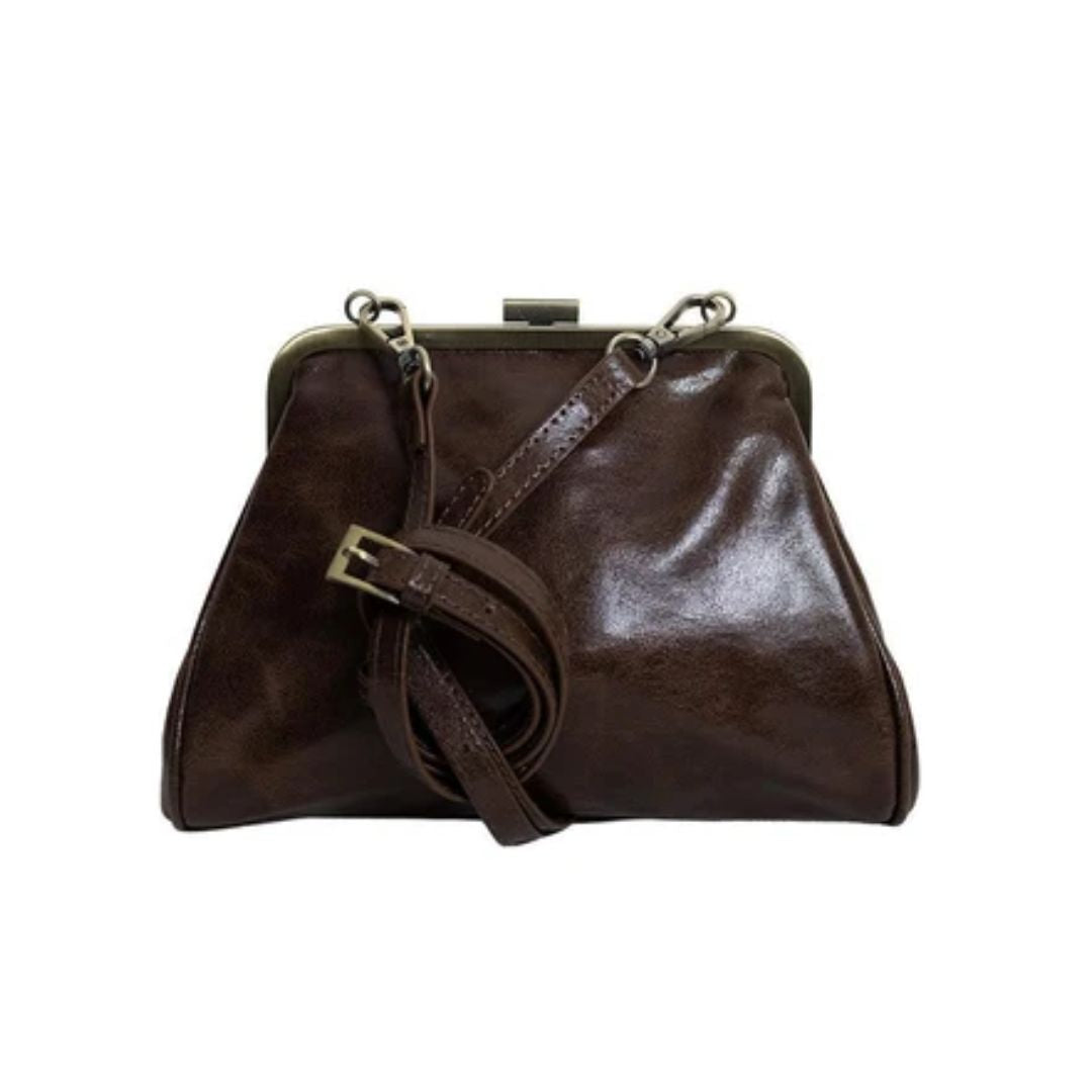 A dark brown faux-leather kiss-lock handbag with a matching detachable shoulder strap and silver-tone metal hardware, shown against a plain white background.