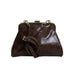 A dark brown faux-leather kiss-lock handbag with a matching detachable shoulder strap and silver-tone metal hardware, shown against a plain white background.