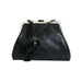 Black faux leather handbag with a silver-tone metal kiss-lock frame and a detachable shoulder strap, shown against a plain white background.