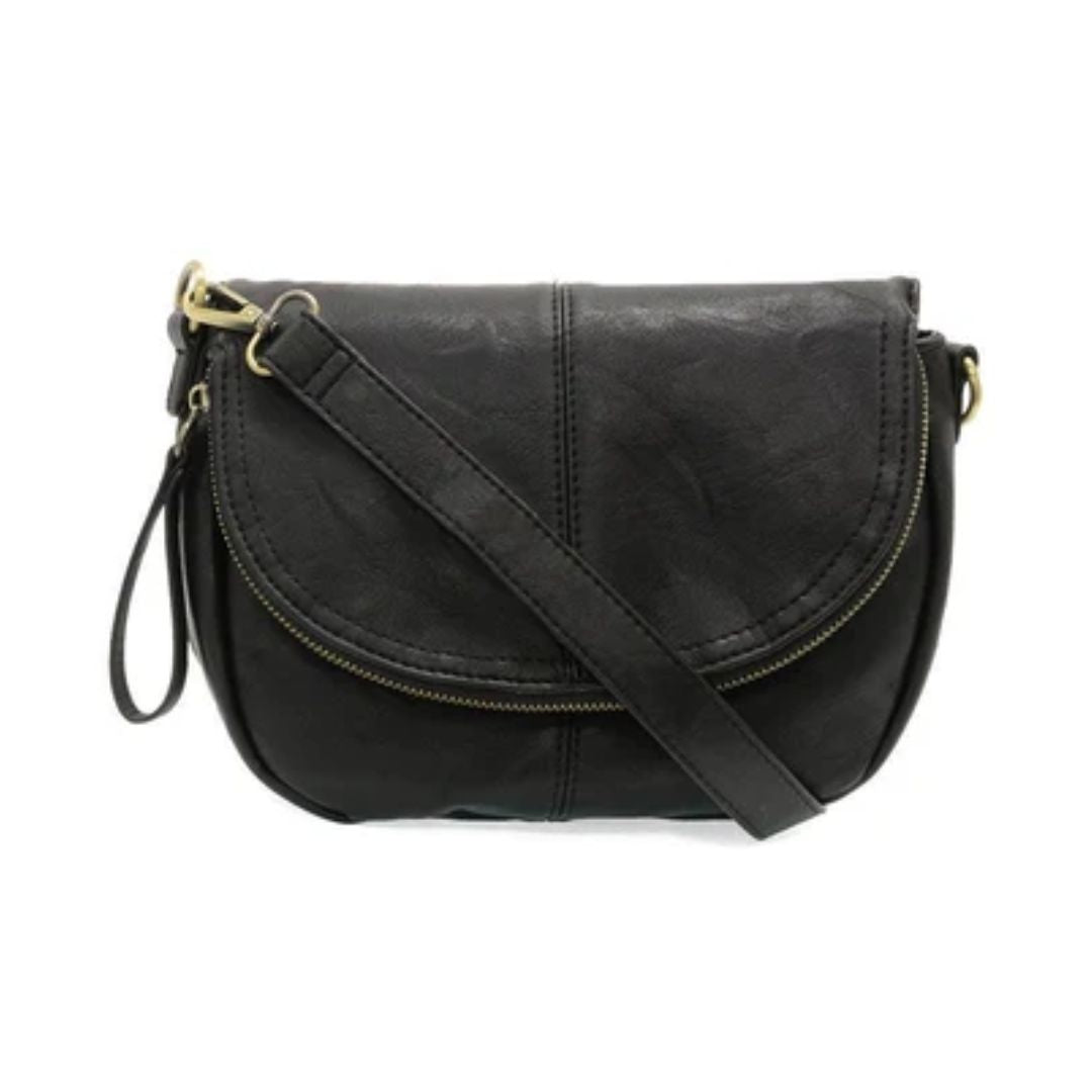 Black faux-leather crossbody bag with a curved flap, gold-tone hardware, and an adjustable shoulder strap, shown on a plain white background.