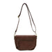A brown faux-leather crossbody bag with a front zippered pocket and a long adjustable shoulder strap, shown against a plain white background.