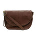 A brown faux-leather crossbody bag with a curved front flap, gold-tone hardware, and a matching adjustable shoulder strap, shown against a plain white background.