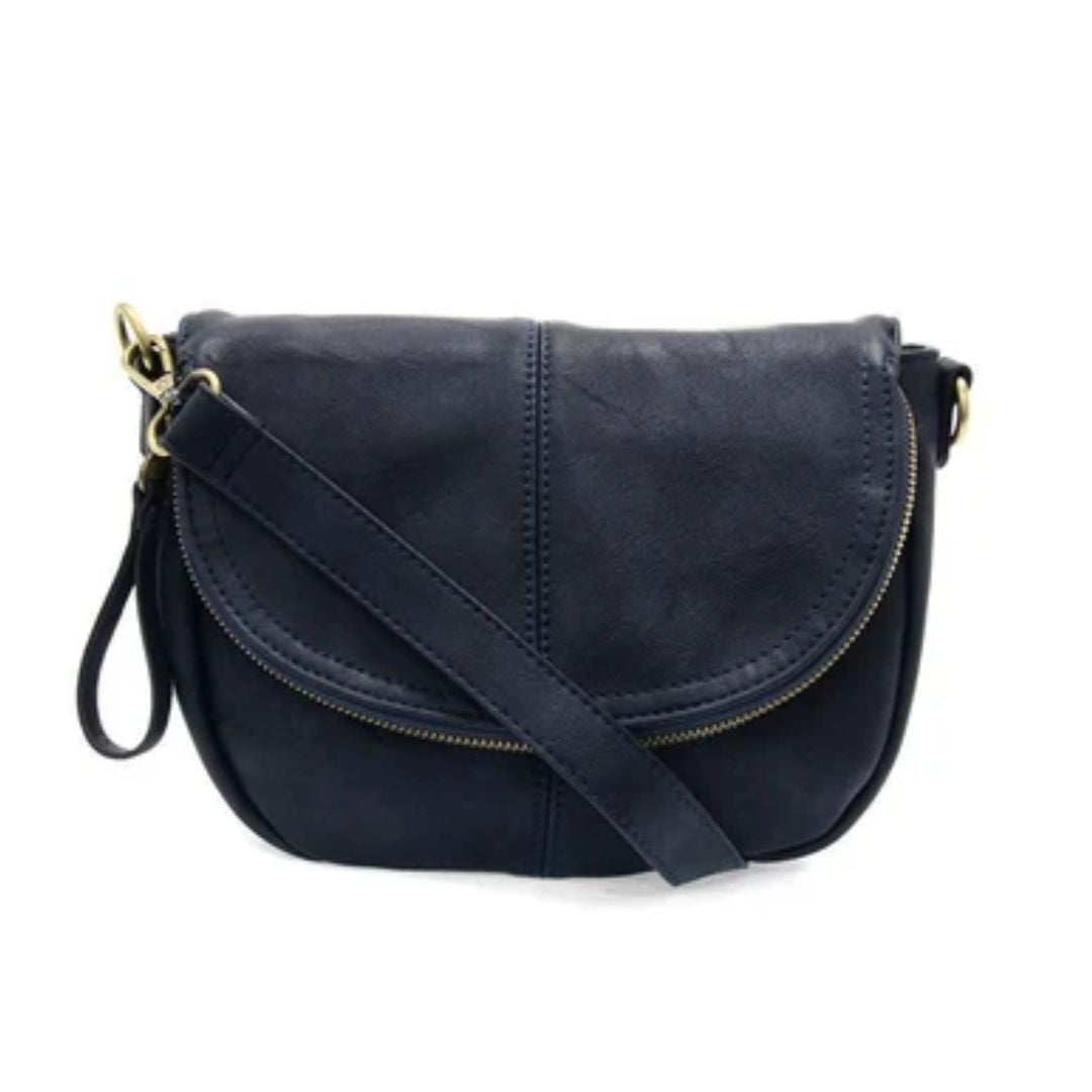 A dark navy blue leather crossbody bag with gold-tone hardware, featuring a curved flap, zippered closure, and adjustable shoulder strap, shown against a plain white background.