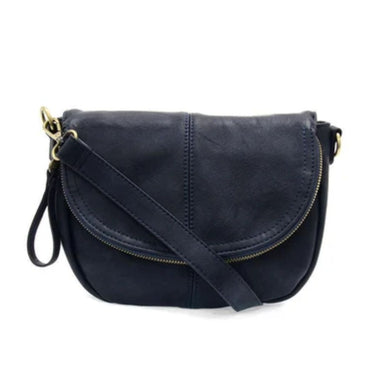 A dark navy blue leather crossbody bag with gold-tone hardware, featuring a curved flap, zippered closure, and adjustable shoulder strap, shown against a plain white background.