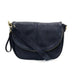 A dark navy blue leather crossbody bag with gold-tone hardware, featuring a curved flap, zippered closure, and adjustable shoulder strap, shown against a plain white background.