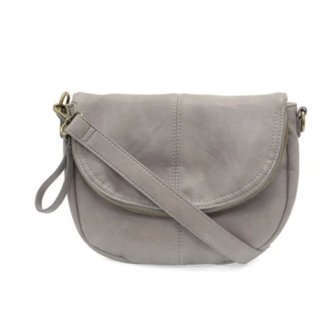A light gray faux-leather crossbody bag with a curved flap, front zipper, and adjustable shoulder strap, shown on a plain white background.