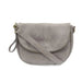 A light gray faux-leather crossbody bag with a curved flap, front zipper, and adjustable shoulder strap, shown on a plain white background.