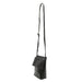 A black leather crossbody bag with a long adjustable strap, shown from a side profile view against a plain white background.