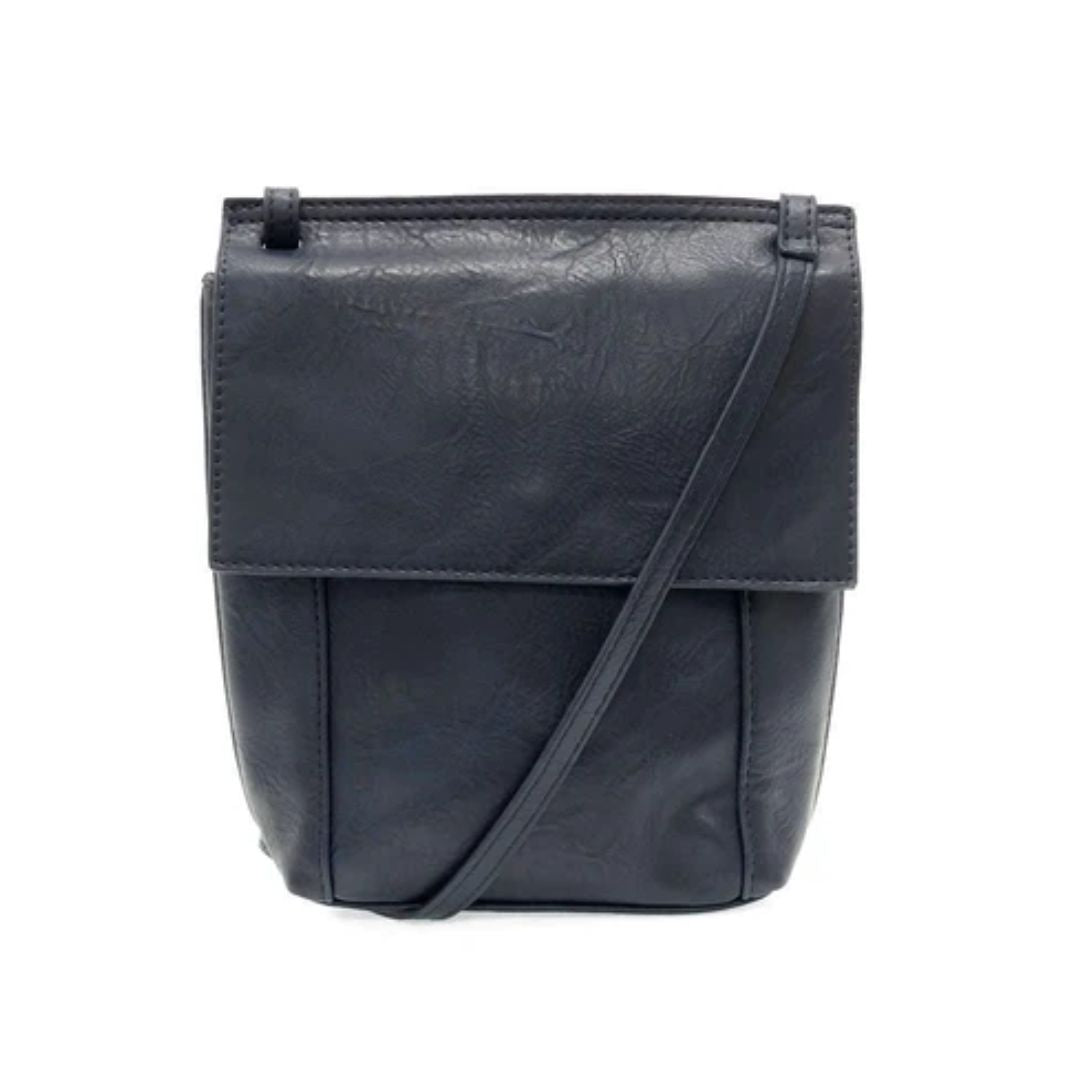 A dark navy blue faux-leather crossbody bag with a front flap pocket and a matching shoulder strap, shown against a plain white background.