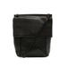 Black faux leather crossbody bag with a front flap pocket and a diagonal shoulder strap, shown on a plain white background.