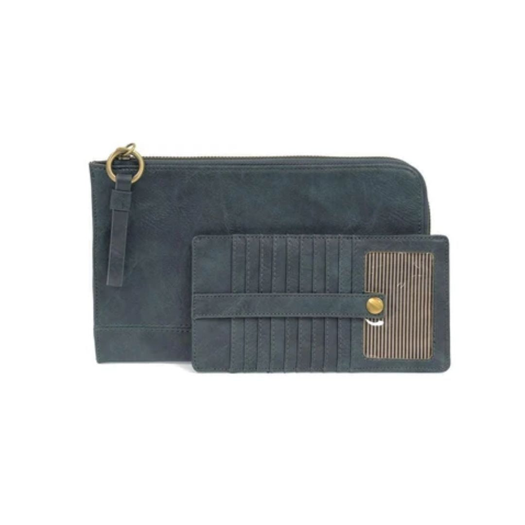 A dark slate blue wallet set featuring a zip-around pouch with a gold-tone ring pull and a matching card holder wallet with a vertical pleated front and a textured gold-tone snap button.