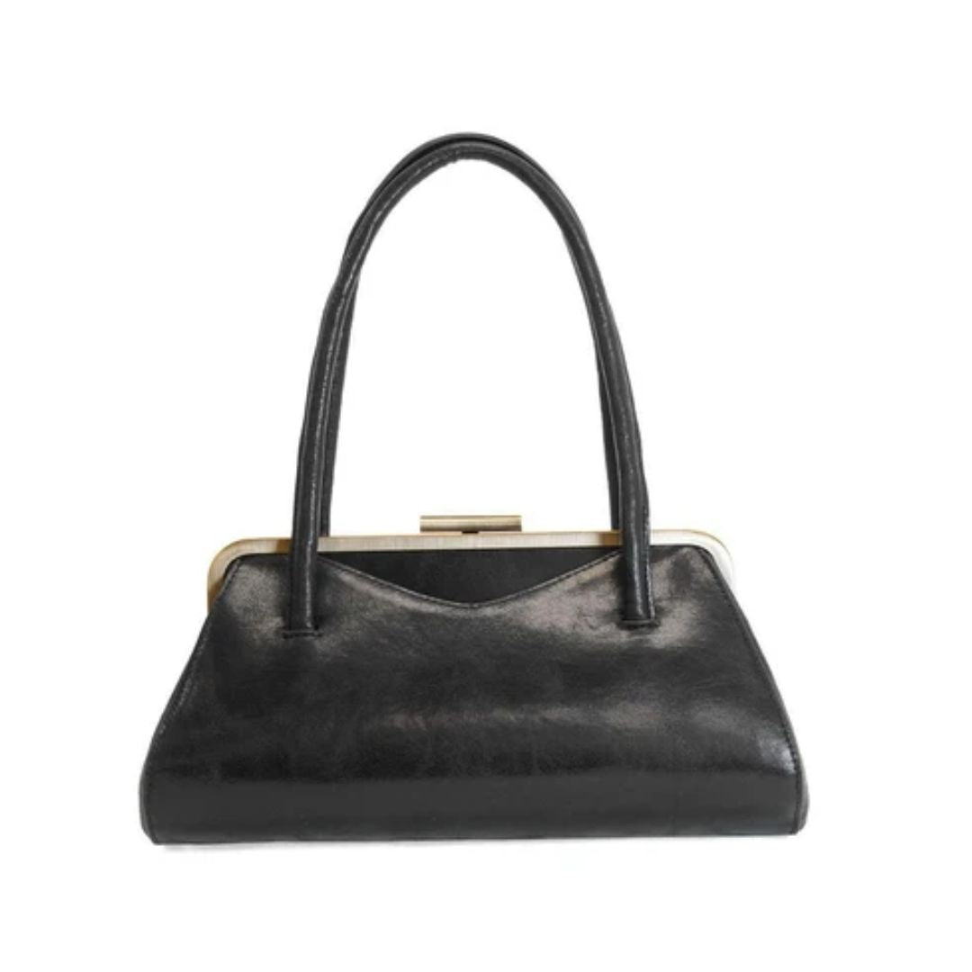 A black leather handbag with a curved top handle, a kiss-lock metal frame, and a gold-tone clasp, shown against a plain white background.