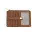 A brown leather zip-around card holder wallet with multiple card slots, a snap-button strap, and a clear ID window showing striped cards inside, set against a plain white background.