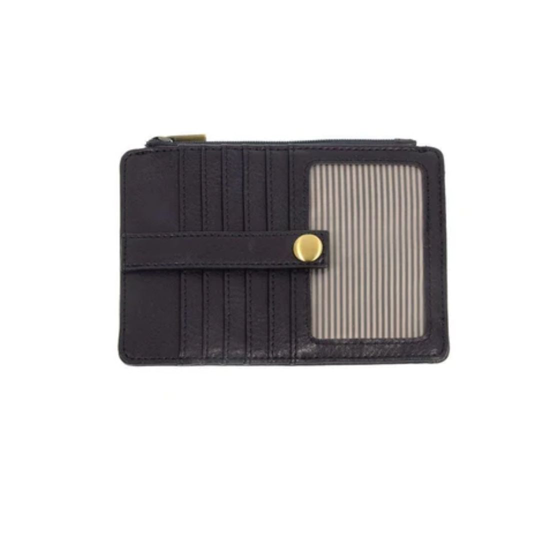 A black leather zip-around card holder wallet with a horizontal strap and gold snap button, featuring a vertical striped transparent ID window on the right side.