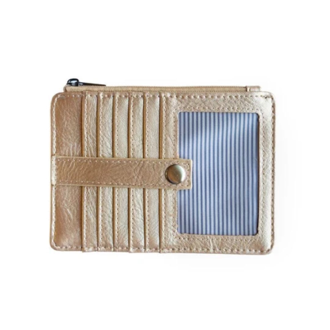 A slim beige faux-leather card holder and wallet with multiple card slots, a snap-button strap, and a clear ID window showing blue-and-white striped paper inside, photographed on a white background.