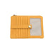A mustard yellow faux-leather card holder and coin purse with a zippered closure, multiple card slots, a horizontal strap with a gold snap button, and a clear window showing striped cards inside, set against a plain white background.