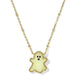 A gold chain necklace featuring a cute ghost-shaped pendant with a pale yellow-green enamel body, black eyes, and a black mouth, outlined in sparkling clear stones.