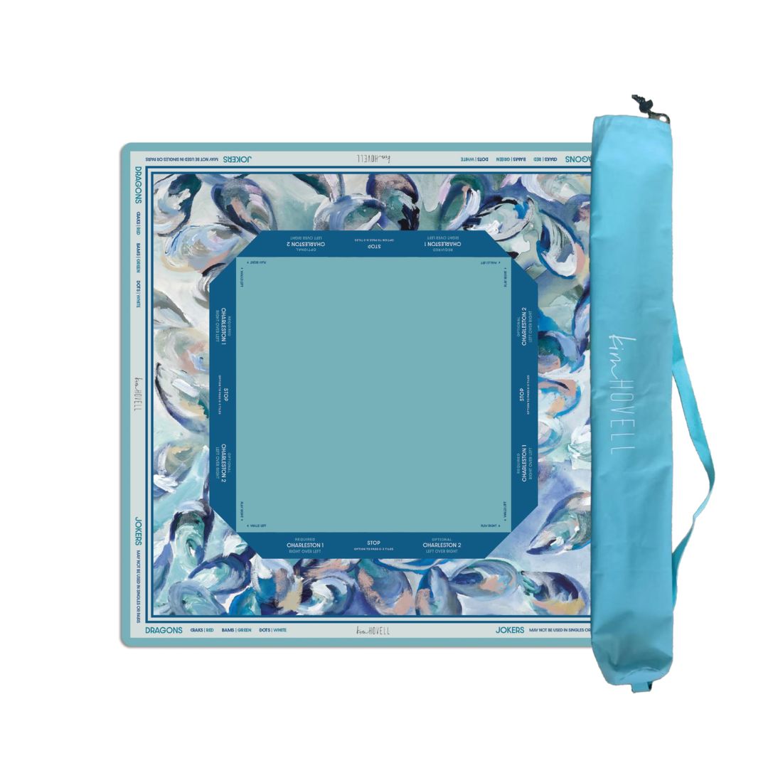 A JOKERS brand mahjong set shown on a white background, featuring a square game board with a blue and white shell-patterned border, a central teal playing field, and a matching teal carrying case with the JOKERS brand name printed on it.